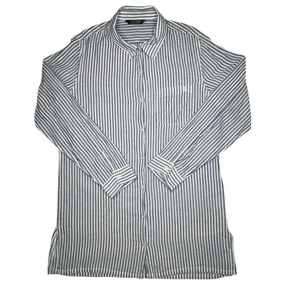 Ralph Lauren LRL Black Label Shirt Womens M Blue White Striped Linen Blend L/S - Picture 1 of 5